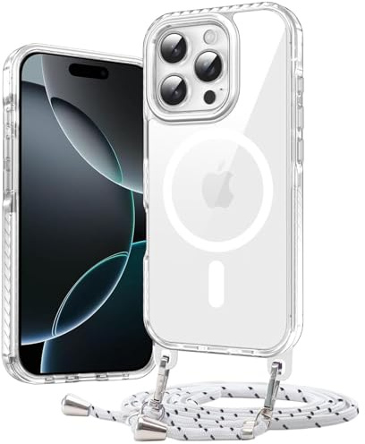 Galful Handykette Handyhülle für iPhone 13 Pro Magnetische Hülle mit Band Kompatibel mit Magsafe Transparente Case Abnehmbar Kordel zum Umhängen PC Zurück Schutzhülle Hart Clear Case Cover-Weiß