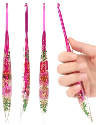 Coopay 4,5 mm virkkrok med glänsande blommönster ergonomisk hartskrok för artritiska händer, virknål i metall för handstickning, virknål