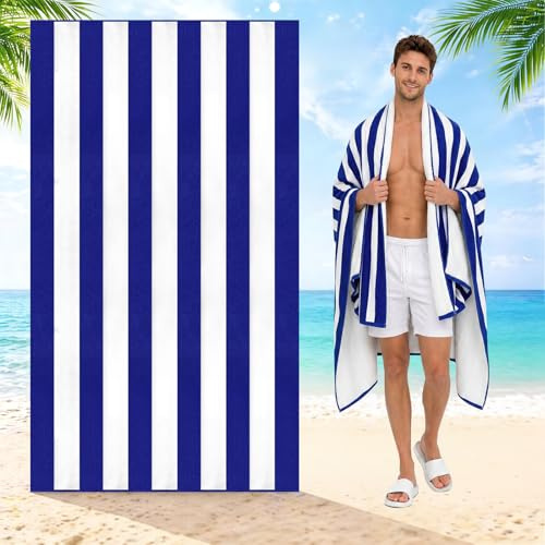 Hopton Large Microfibre Beach Towels For Adults Men Women,160 X 90cm Dark Blue Stripe Quick Dry Beach Towel With Bag,Sand Free Water-Absorbent Lightweight Beach Towel for Swimming,Travel,Gym,Camping