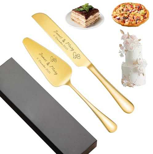 KBPTM Tortenheber mit Gravur & Tortenmesser Hochzeit Set personalisiert - 18/10 Edelstahl mit Hochglanzoptik - Premium Hochzeitsgeschenk für Brautpaare (Gold)