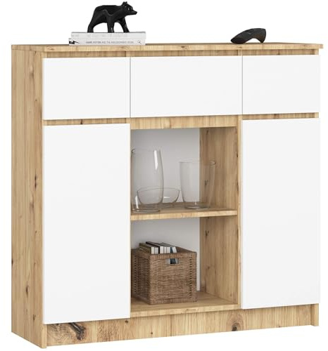 AKORD Kommode K100 mit 3 Schubladen, Schrank mit 2 Tür 6 Regalböden, Für das Wohnzimmer Schlafzimmer, Moderne, 16mm Laminierte Platte, B101xH98xT35 cm, Farbe Artisan-Eiche & Weiß