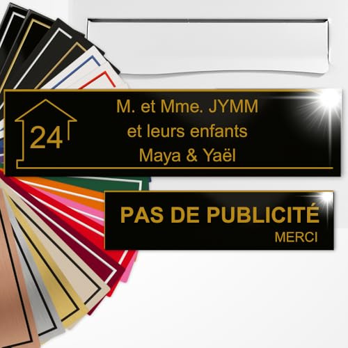Plaque Boîte aux Lettres et Stop Pub Personnalisée Noir brillant/Or | Lot de 2 Plaques boîte aux lettres et Pas de Publicité , Gravure Laser, 22 Couleurs, Avec ou Sans Motif, Adhésif 3M