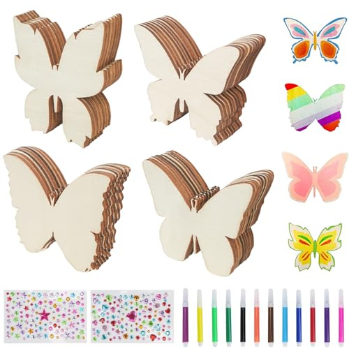 FALSKT 40 Stück Holzplatte Schmetterling Bastelset, 4 Stile Holzbrettchen Schmetterling Holz Bemalen mit Paillettenaufklebern für DIY Handwerk Dekoration