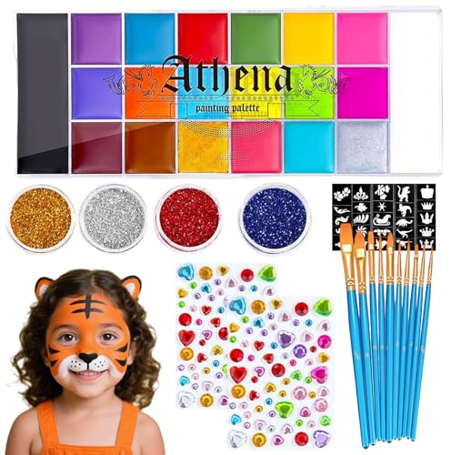 KOMEIYL Truccabimbi Kit, 20 Trucco Bambini Painting, Body Painting Colori con Pennelli Trucco, 4 Luccichio, 2 Adesivi Diamanti, 2 Spugna, 10 Modello, Applica a Trucco Personaggio Della Halloween