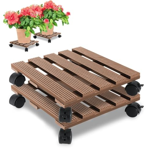 Monucep 2X WPC Pflanzenroller 30x30CM, Blumenroller Tragkraft 80 KG mit Rollen, Kübelroller für den Innen- und Außenbereich, Rollbrett für Pflanzen, braun