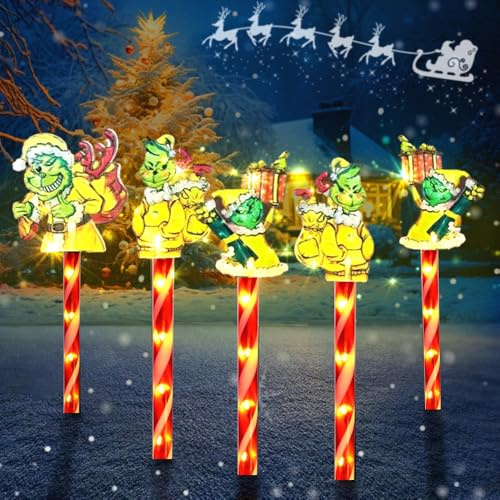 LED Gartenstecker Weihnachten,5 Stück Weihnachtsstecker Außen Batterie Betrieben,Gartenleuchten Weihnachten,Weihnachtsbeleuchtung Außen,Weihnachtsdeko Outdoor(Grinch)