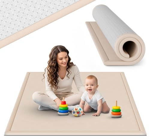 teskon® seidenweiche Krabbelmatte Baby Spielmatte Kinder 200x150x3cm beige | 3 cm dick, Premium Memory-Schaum, rutschfeste Unterseite, Geräuschhemmend, sicher und gemütlich fürs Krabbeln und Spielen