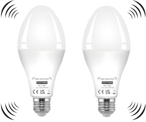 KOOYWAN 9W E27 LED Lampe mit Bewegungsmelder Warmweiß 2 Stück | Radar- und Lichtsensor. Kein Dauerlicht ohne Bewegung. Gute Wärmeableitung und 25000H Lebensdauer. Für Flur und Garage.