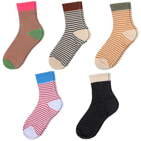 Gtziqa 5 Pairs Cute Socks for Women Striped Socks, Retro Style Striped Crew Sock, Vintage Colorful Casual Aesthetic Fun Cute Casual Ankle Soft Athletic Style Novelty Sports Autumn Sock for Ladies