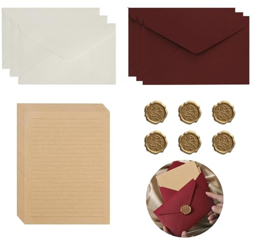 32 Stück Vintage Briefpapier mit Umschlag Set, Papier Umschläge Set mit 6 Leinenumschlag Umschläge und Wachssiegel 10 A5 Briefpapier Vintage Papier für Geburtstag Hochzeits Einladung Grußkarten
