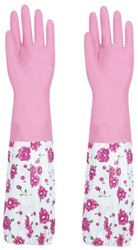 ROMISBABA Thickened Winter Dish Washing Gloves with Fleece Lining Reusable Non-slip Hand Gloves for Kitchen Cleaning and Household Dishwashing Pink
