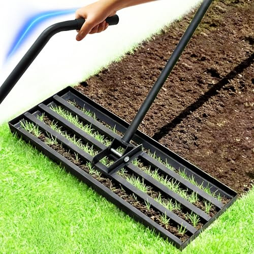 Rasenrakel 75x25cm, Schwerer Nivellierrechen mit Ergonomischem Gebogenem Griff, Rasenrechen für Erde, Kies, Dünger, Ideal für Garten, Hof und Golfplatz (185cm)