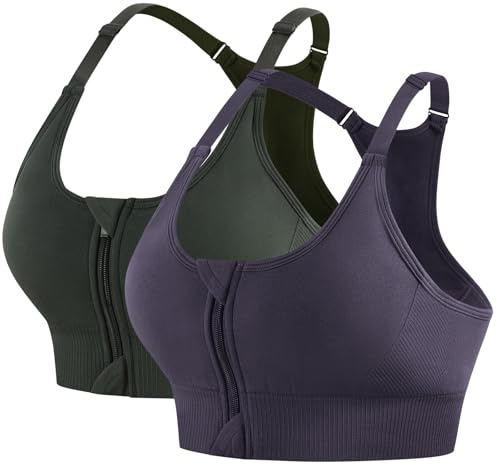 QXURkut 2 Pack Front Zip Sports Bras for Women, Racerback Adjustable Straps | Zipper Fastening Padded, Medium Impact for Exercise or Post surgery