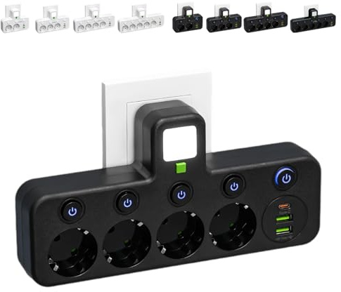 Multi-Port EU-Steckdosenadapter, 2/3/4/5 Löcher Steckdosenleiste mit Unabhängigem Schalter, Tragbar Mehrfachsteckdose, Überlastschutz(Schwarz,4-Loch)