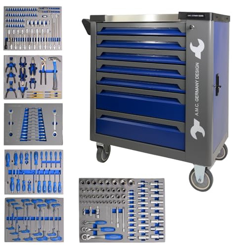 A.M.C. Carrello porta attrezzi completo di utensili con ruote e struttura rinforzata 7 cassetti attrezzi professionali 256 pezzi di utensili,strumenti e minuteria inclusi