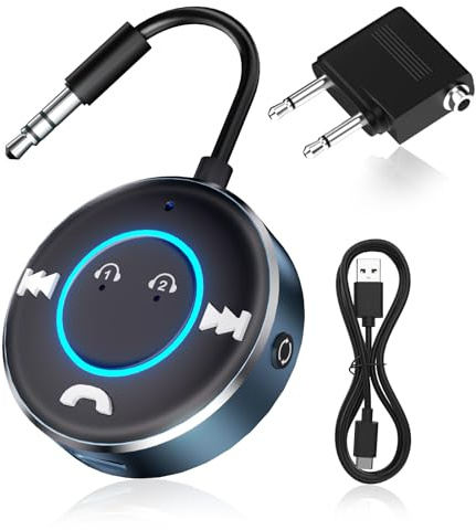 Transmisor Receptor Bluetooth 5.3, Adaptador Bluetooth 2 en 1 con Jack 3.5mm y Carga Tipo C, Compatible con 2 Auriculares, Transmisor Bluetooth Jack 3.5 para TV, Coche, Avión y Dispositivos de Audio