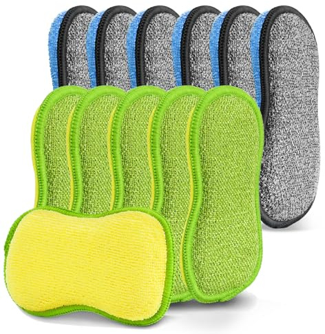 12 Pack Washing Up Sponges, Dual-Sided Microfiber Kitchen Scourers, Heavy Duty Non-Scratch Reusable Cleaning Pads for Dishes, Pots, Pans, Stovetop & Sink