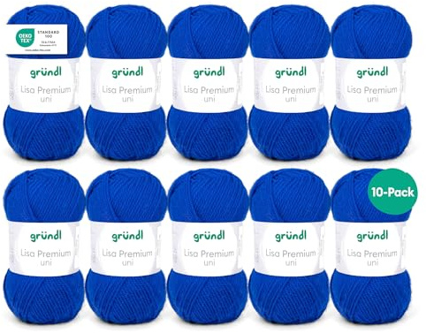 Gründl Lisa Premium Uni stick- och virkgarn (mjuk och ulliknande karaktär, lättvårdat stickgarn tillverkat av 100% polyakryl, 50 g/133 m, nåltjocklek: 3,5 – 4,5, 10 nystan á 50 g), kungsblå