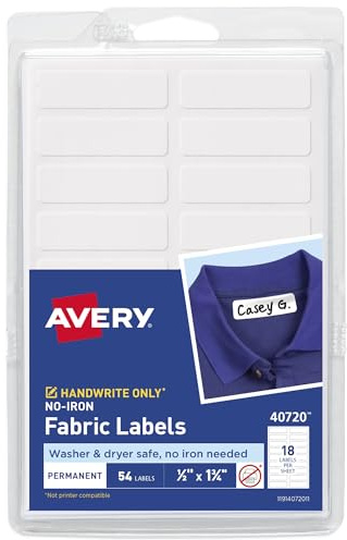 Avery No-Iron Fabric Labels, 1/2 x 1-3/4, Washer and Dryer-Safe Waterproof Labels, Non-Printable, 54 Total (40720)