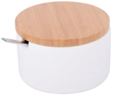 KOOK TIME Zuccheriera Formaggiera in Ceramica con Coperchio in Legno di bambù e cucchiaino da Zucchero in Acciaio Inossidabile, per Casa e Cucina, sirve per Zucchero, Formaggio, spezie, ECC. (Bianco)