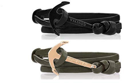 VIKINGS Anker Pärchen Armband 2er Set Leder Schwarz Olivgrün, Anker Leder Schwarz Olivgrün:Schwarz - Schwarz/Olivgrün - Gold