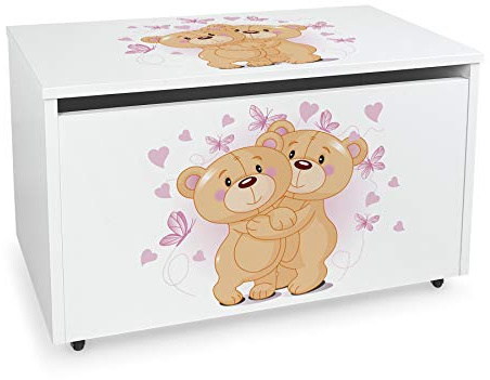 Leomark contenitore portagiochi in legno, panca su ruote 71x40x46 cm(A) 91L, scatola con coperchio, mobili per camera da letto e asili, scuole, uffici, cassapanca per bambini, stampa UV - Orsi