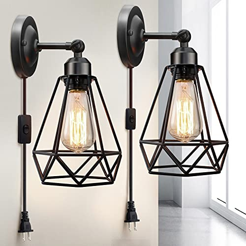 WimiSom Plug in Wall Sconce, Wire Cage, Industrial Wall Lamp with Plug in Cord, Rustic Sconce Fixture, On/Off Switch Vintage Wall Light Fixture for Headboard Bedroom Porch-2 Pack
