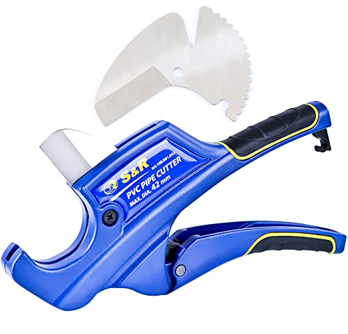 S&R Rohrschneider mit 2 Klingen, Ratschen-Rohrschere, Leitungsschneider für Kunststoff-Rohre bis 42 mm (1 5/8 Zoll) aus PVC, CPVC, PE-X, PE, PP-R, Edelstahl-Klinge HRC 54, Ergo-Griffe, Ersatzklinge
