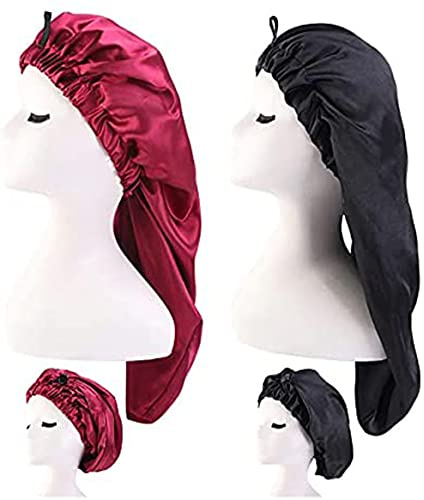 LadayPoa 2 Stück Set von Langen Satin Schlafmützen Mützen Mädchen Seide Schlupfmützen Frauen Lange Satin Schlafmützen Schlafen Übergroße Satin Schlafmützen bieten Schutz für Lange lockiges Haar