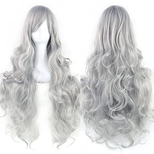 IMISSU Peluca de cosplay de pelo natural rizado largo de 80 cm con flequillo Pelucas de fiesta de disfraces de Halloween coloridas para mujeres (gris)