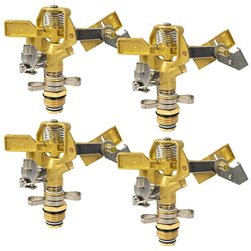 Hourleey 1/2 Inch Brass Impact Sprinkler, Heavy Duty Water Sprinkler Head, Adjustable 0-360 Degree Coverage Pattern, Watering Sprinkler with Nozzles for Large Patio Garden Irrigation (4 Pack)
