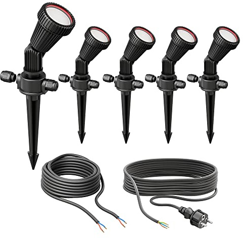 ledscom.de 5er Set Gartenstrahler mit Erdspieß PIRK für außen, IP44, schwarz, Stecker, inkl. GU10 LEDs je 630lm warmweiß