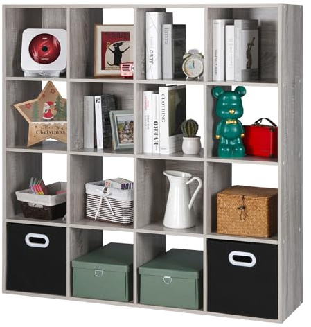 PACHIRA 16 Cube Wood Bookcase Grey, 4 * 4 Stackable Cube Unit Freestanding Bookshelf Storage Shelf For Books CDs Clothes Storage Cube Unit For Living Room Bedroom Hallway Office