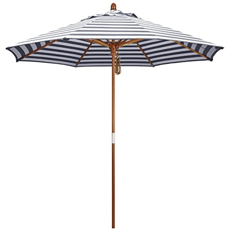 GHARAZ 2.7m/9ft Wooden Outdoor Patio Umbrella, Blue White Striped Garden Parasol,Market Umbrella with Pulley,for Pool, Terrace, Cafe