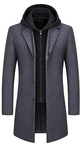 KUDMOL Men's Wool Blend Winter Coat Long Hooded Casual Padded Overcoat | Detachable Hood, Single-Breasted Wool Blend Overcoat with Side Pockets, Casual Business Warm Outerwear for Autumn Winter