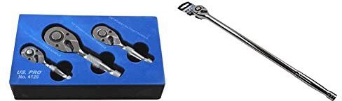 US PRO B4129 Mini Ratchet Spanner Ratchet Short 1/4 3/8 1/2 Stubby 3 Piece Set & Extra Long 510mm 1/2 DR 72T Quick Release Ratchet 4154