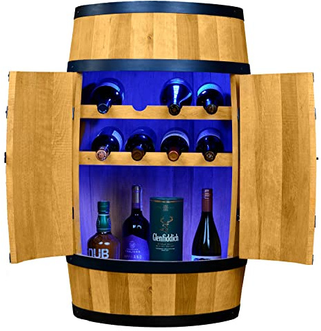 CREATIVE COOPER Weinregal Holz mit Tür mit LED RGB - Weinliegen - Alkoholschrank Flaschenregal - Holzfass - Fassmöbel - Weinfass - Weinbar - Fass bar mit Tür - 80 cm Eiche