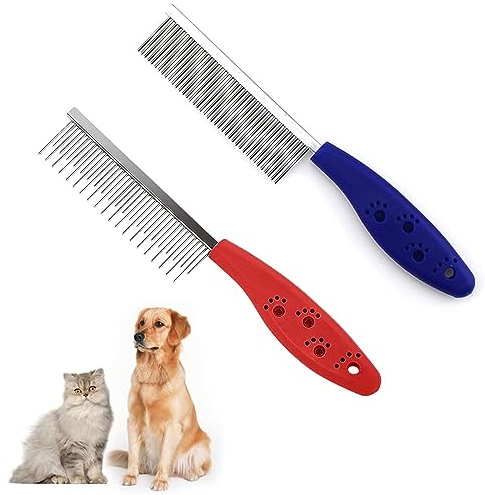 Fellkamm Katze,Entwirrkamm Hund,Hundekamm,Combi Kamm für Hund, Bürste Gegen Flöhe Unterwolle,Katzenkamm mit Doppelseitig Metall Abgerundeten ZäHnen,Flohkamm für Katzen,Katzenkamm,2pcs,rot+Blau