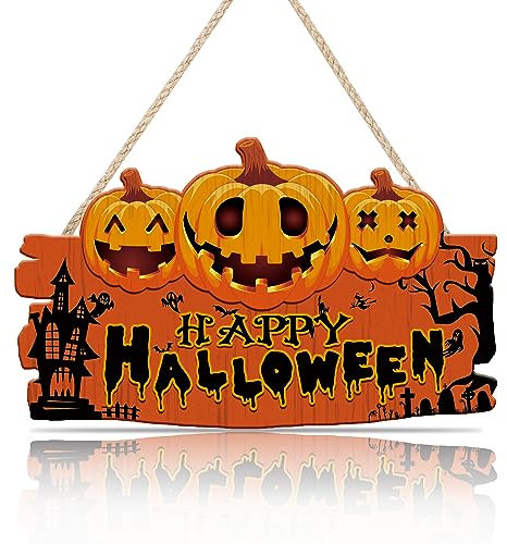 ANHUIB Halloween Kürbis Hängeschild Happy Halloween Haustür Willkommensschild Dekoration Kürbis Türdekoration Wanddeko Wandschild Plakette für Wohnzimmer Garten Fenster Party Deko Feiertage Geschenk