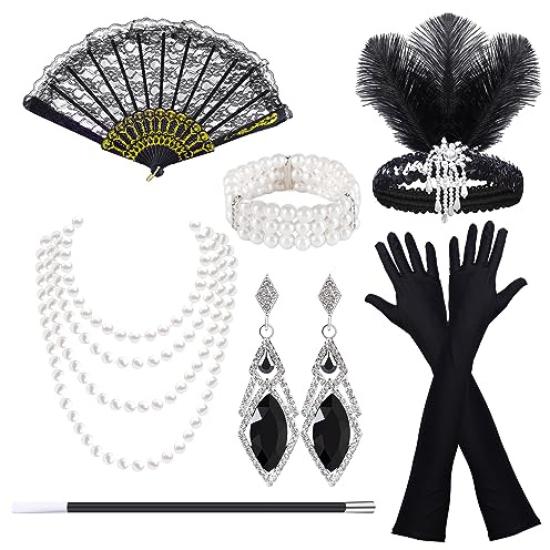HCSSZ 7-delat 20-tals tillbehör, 1920 tillbehörsset party kostymer dam med flapper pannband handskar pärlhalsband örhängen för halloween jul (svart)