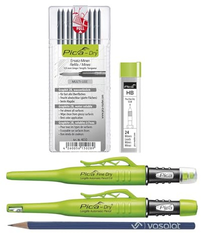 Vasalat Pica Fine Dry 0.9 + Pica Dry + 10 minas de repuesto grafito 2B Multi-uso + 24 minas de repuesto grafito HB