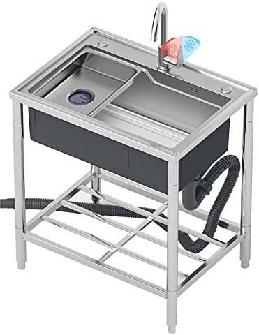 Freistehendes Edelstahl-Waschbecken, Outdoor-Waschbecken mit heißem und kaltem Wasserhahn, kommerzielle Einzelbeckenspüle für Garage, Werkstatt, Waschküche, Camping