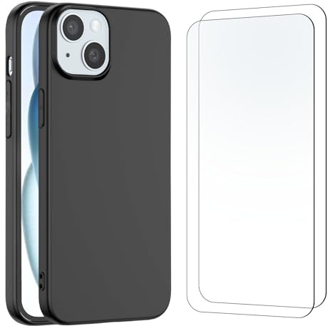 NEW'C Cover per iPhone 15 (6,1) in custodia silicone ultra sottile nero e 2 × vetro temperato per iPhone 15 (6,1), Pellicola proteggi schermo