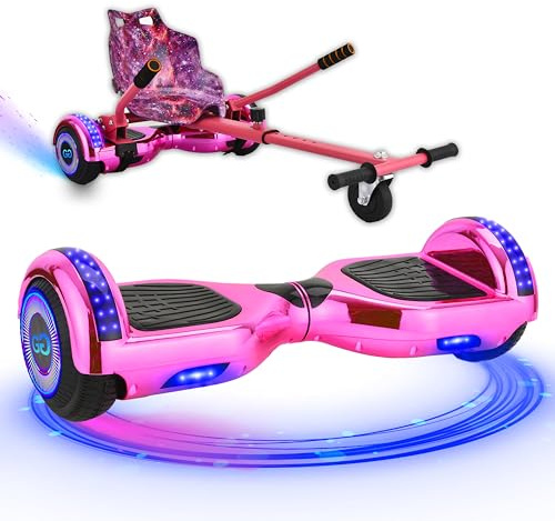 Gift Gadgets G1 Chrome Pink Hoverboard & Hoverkart Bundle | Self-Balancing 6.5 Scooter With LED Lights & Bluetooth | Go Kart for Kids, Teens, and Adults