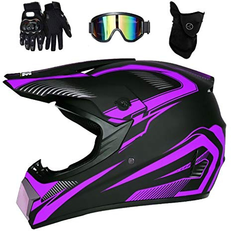 Youth Kids Sport Motocross Helmet, Unisex Full Face MTB Off Road ATV Karting Motorbike Helmet, Downhill Enduro Racing MX Quad Dirt Bike Crash Helmet, with Goggles Gloves Mask ( Color : Purple , Size :