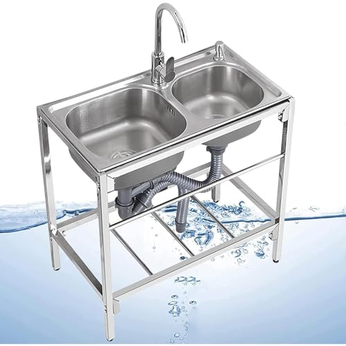 Spültisch Edelstahl 2 Becken Freistehende Spülbecken Gastronomie Spüle Außenbereich Spülbecken Multifunktions waschtisch mit Wasserhahn Ablagefächern