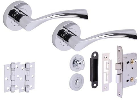 Hunta HANDLEZONE® Lobo Door Handles on Rose Bathroom Lock Pack with 75mm Ball Bearing Hinges and 65mm Lock - Polished Chrome