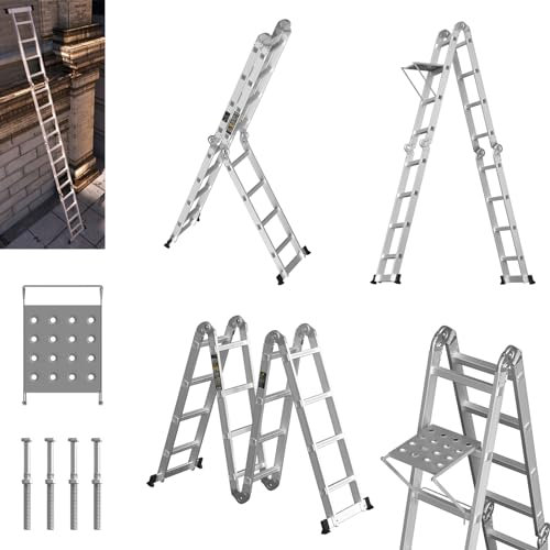 15.5Ft/4.7M Heavy Duty Aluminum Ladder 7 in 1 Folding ladder Straight/A-frame Adjustable Combination Ladder with 2 Stabilizers and Tool Shelf, 330lbs Max Capacity Multifunctional