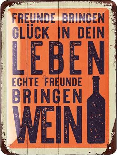 LANOLU Retro Blechschild BESTE FREUNDE BRINGEN WEIN, vintage Metallschilder mit Sprüchen, Shabby Chic Deko Küche und Garten, lustige Schilder aus Metall 15x20cm