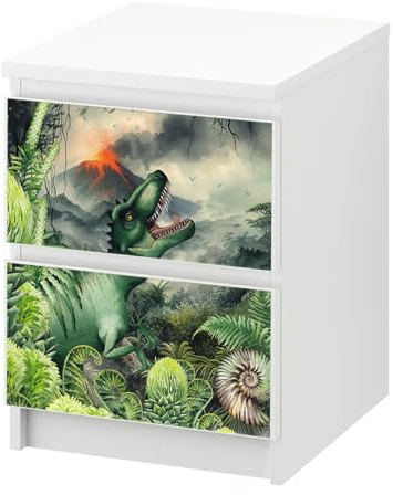 Sunnywall® Möbelfolie passend für IKEA Malm Kommode Schrankfolie Aufkleber mit Dinosaurier T-Rex Motiv | blasenfrei verkleben | Kinderzimmer 2er 40 cm